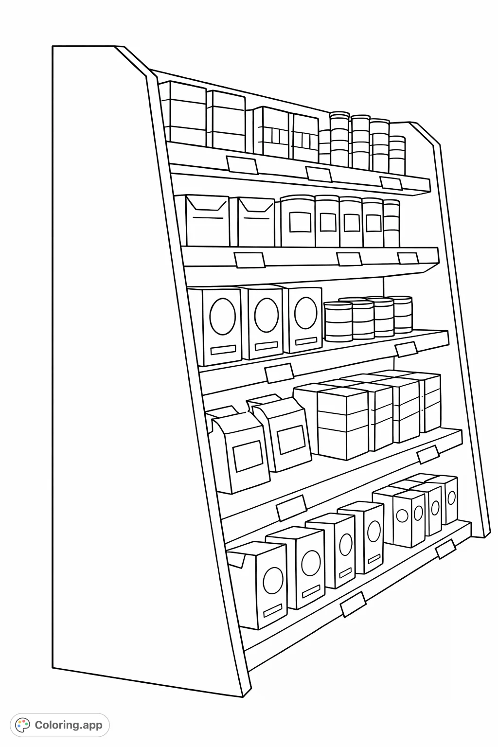 Explore a bustling supermarket shelf filled with various packaged goods, from tall boxes to cylindrical tins. Perfect for creative colorists to design their own store!