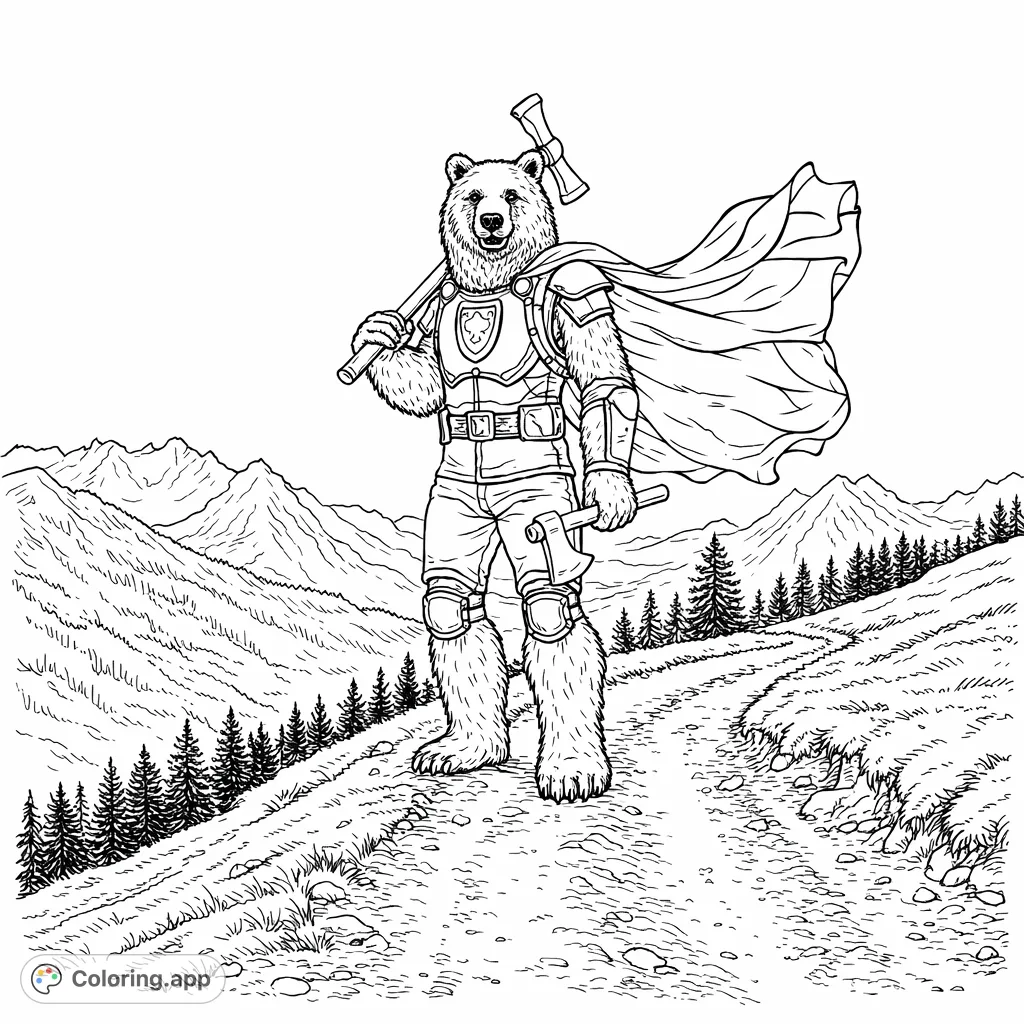 Embark on an adventure with this formidable bear warrior coloring page. Featuring a heroic bear in tactical gear with axes, set against a majestic mountain landscape.
