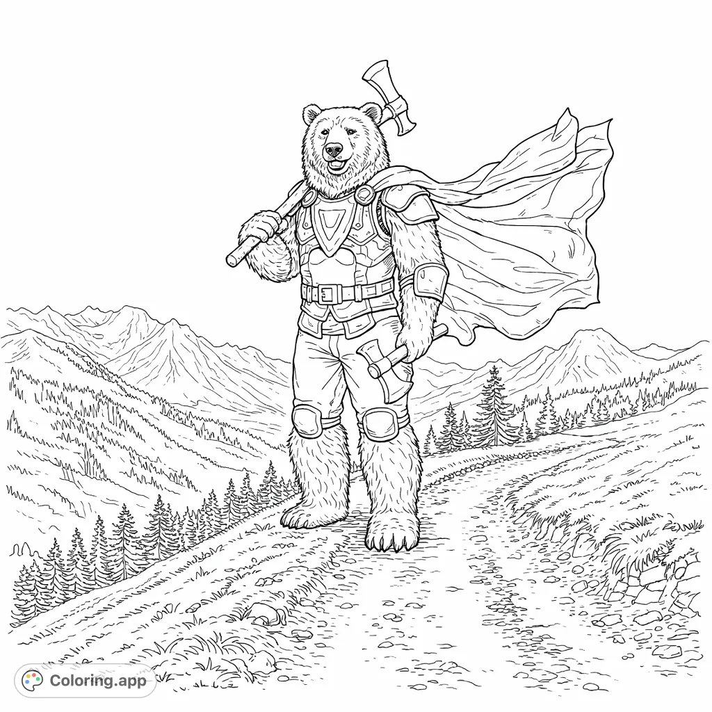 An adventurous bear warrior, complete with a flowing cape and axes, stands on a mountain path, ready for a grand quest. A free printable bear warrior coloring page.