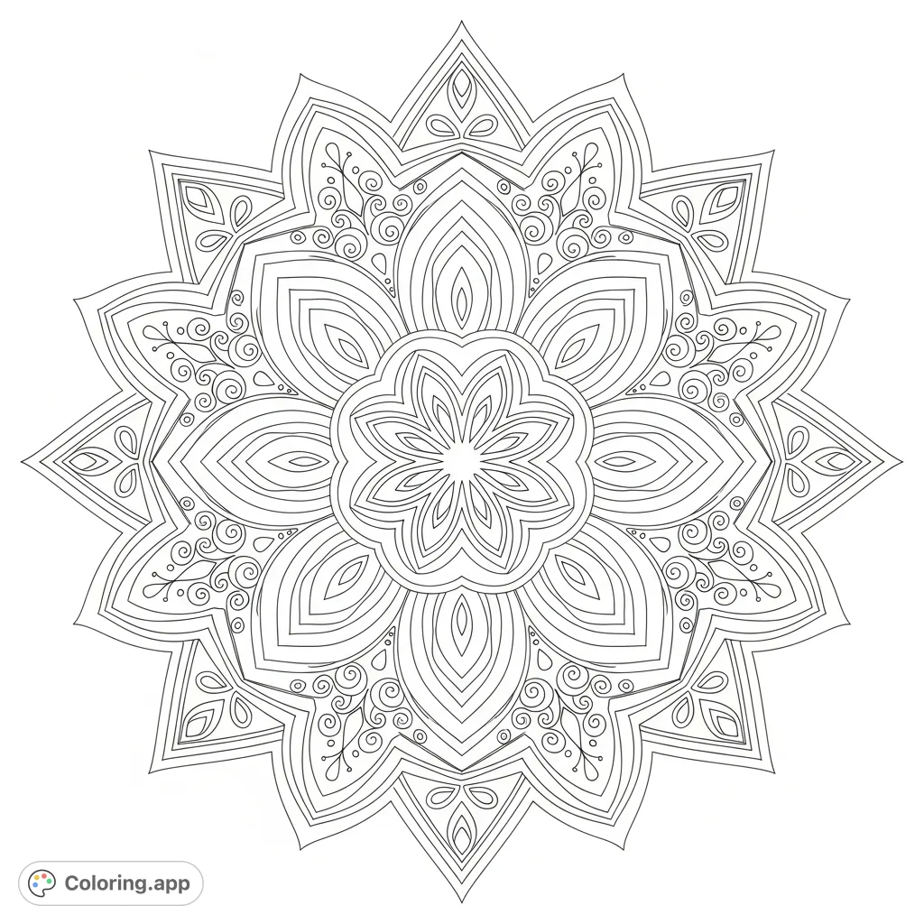 Discover a beautiful symmetrical mandala with bold lines and intricate patterns, perfect for relaxation and creative expression. A harmonious balance of simple and complex.