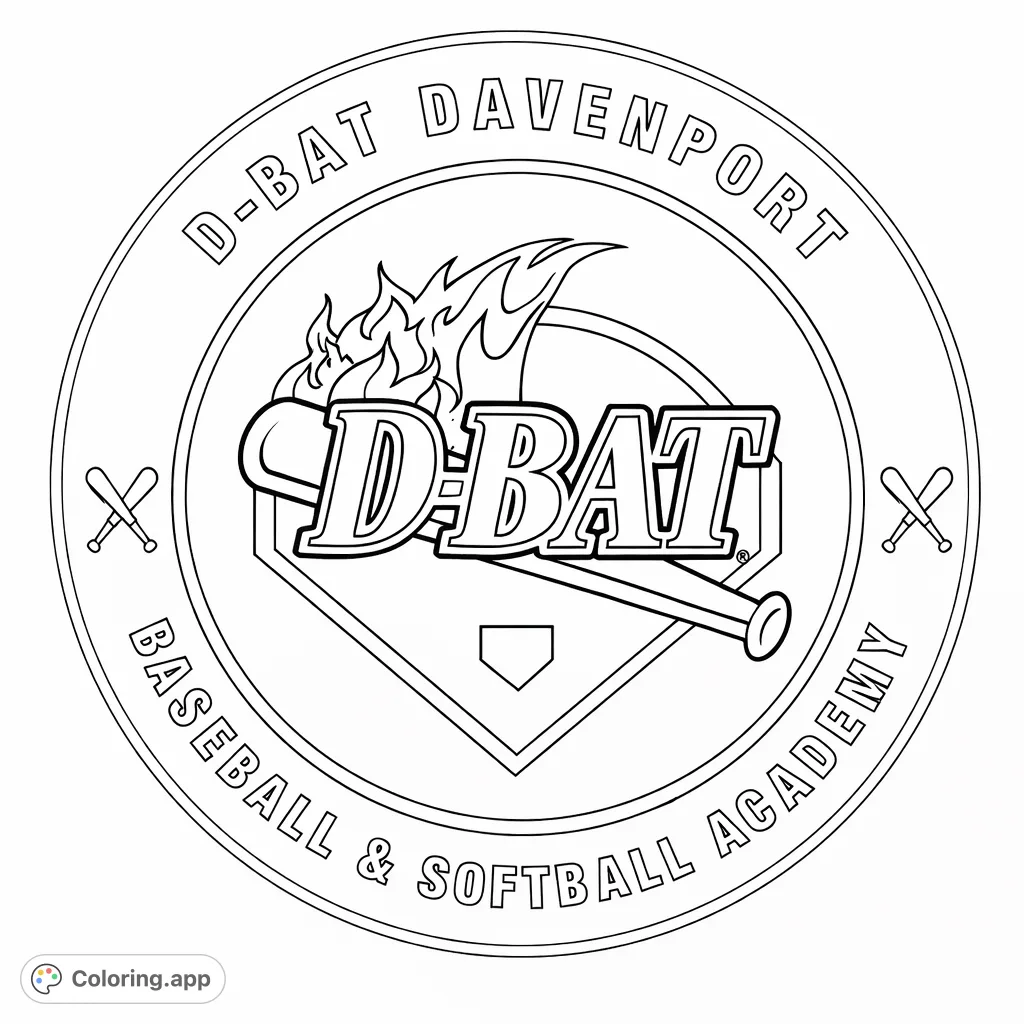 Dynamic D-BAT Davenport Baseball & Softball Academy emblem, perfect for sports enthusiasts. Features a stylized bat, baseball diamond, and fiery motif.