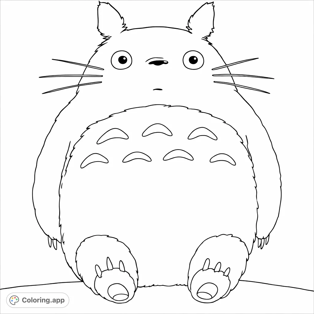 A delightful, round forest spirit with a patterned belly and curious eyes sits patiently, inviting imaginative coloring for all ages.