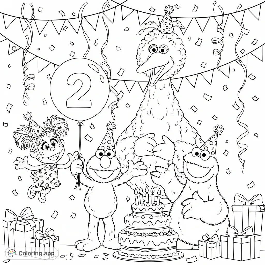 Celebrate a special birthday with Elmo holding a number 2 balloon, Abby Cadabby, Cookie Monster, and Big Bird amidst festive decorations. A joyful Sesame Street party scene!