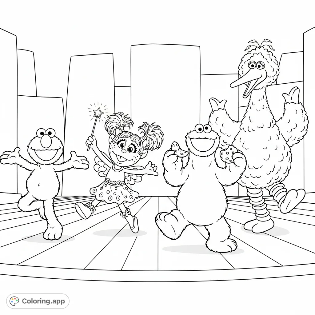 Join Elmo, Abby, Cookie Monster, and Big Bird in a joyous dance! This easy Sesame Street coloring page is perfect for toddlers and preschoolers, featuring simple, fun outlines.