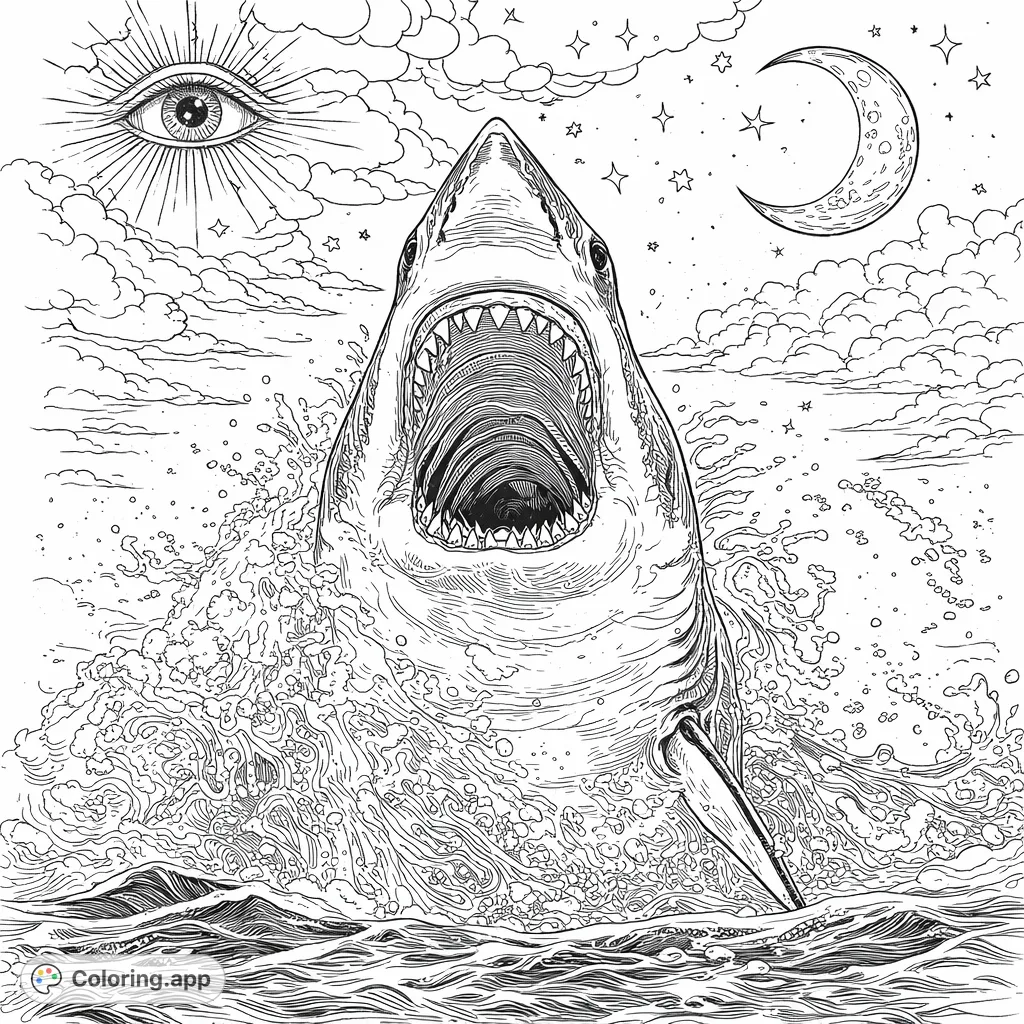 Experience the power of the ocean with this intricate great white shark coloring page. Features a breaching shark amidst dynamic water, perfect for advanced colorists.