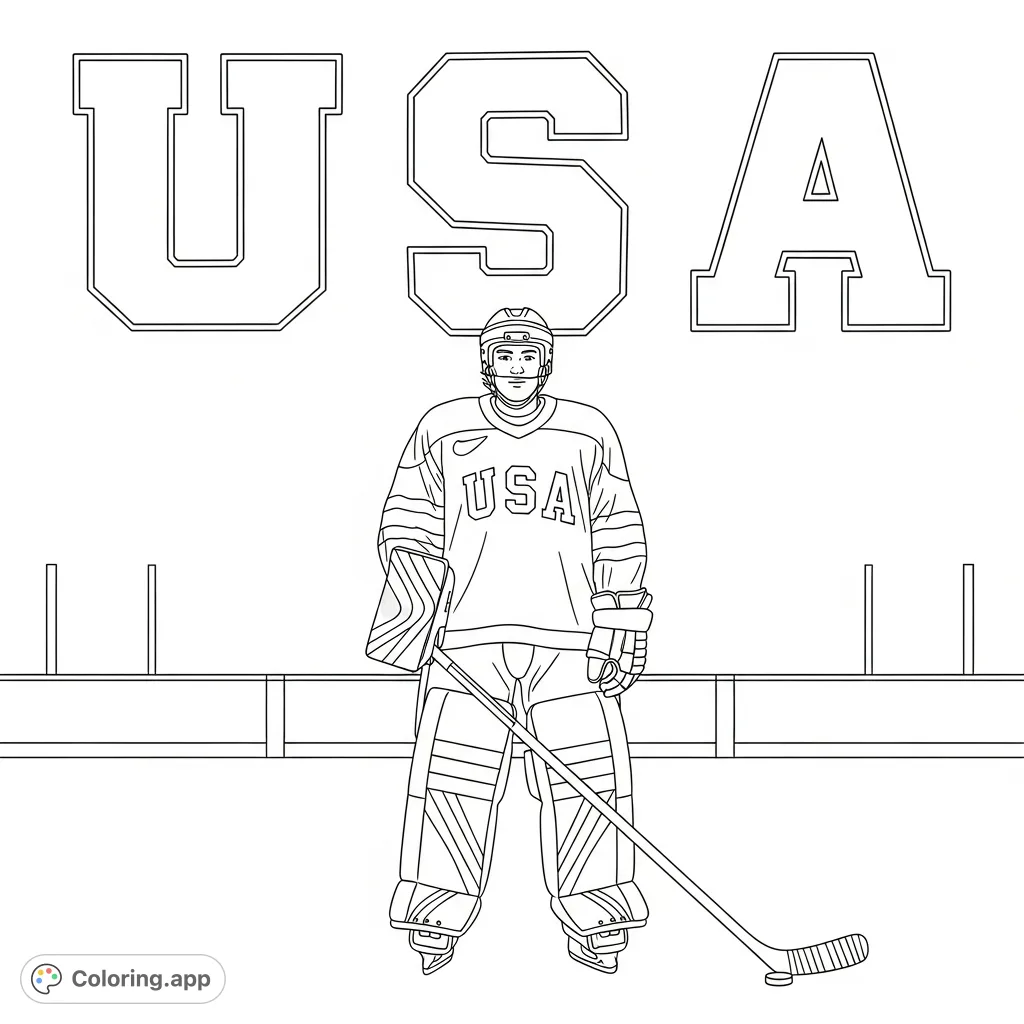 Show your spirit with this free printable USA olympic hockey player coloring page! Featuring an athlete on ice with bold 'USA' letters ready for your creative touch.