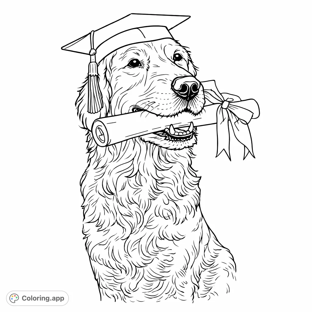Celebrate achievement with this adorable graduate dog coloring page! Featuring a dog in a cap and gown holding a diploma, perfect for any occasion.