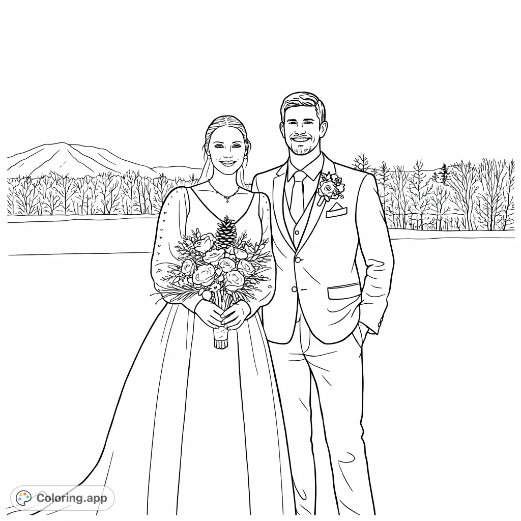 Celebrate love with this elegant winter wedding coloring page. A joyful couple stands in a snowy landscape, ready for your creative touch.