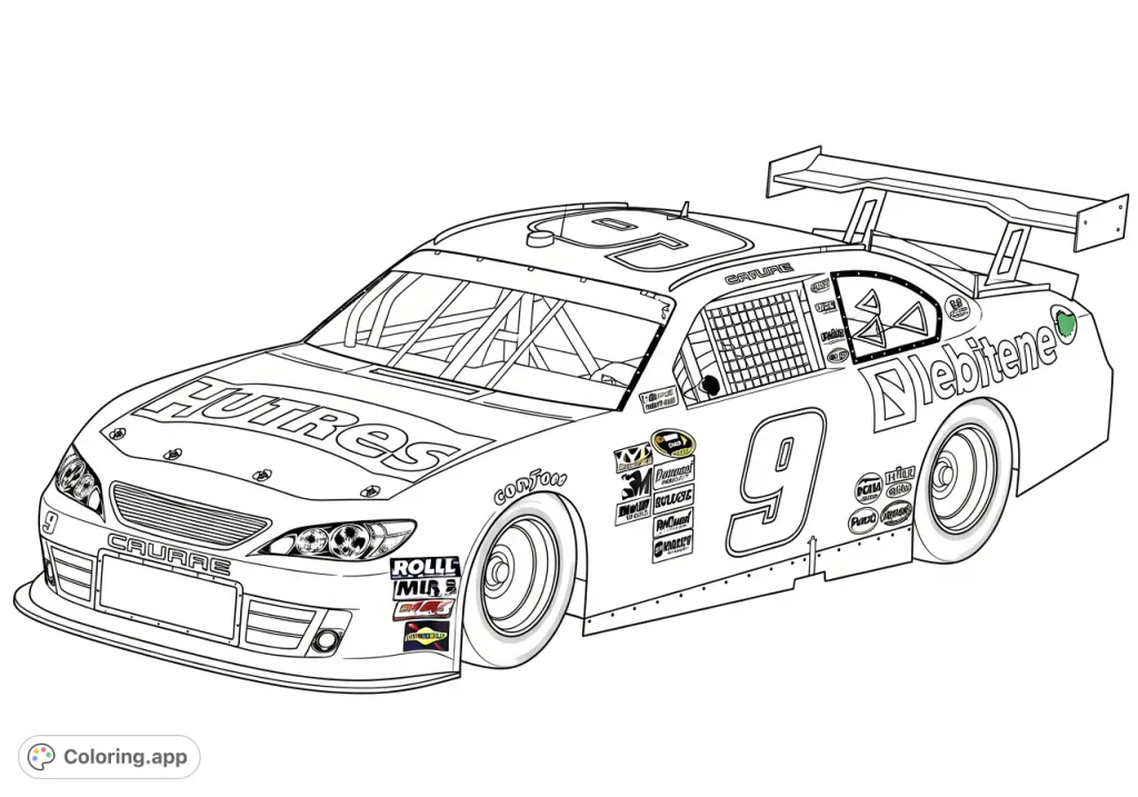 Experience the thrill with this detailed stock car coloring page. Featuring number 9, sponsor logos, and a multi-element spoiler, it's perfect for racing fans.