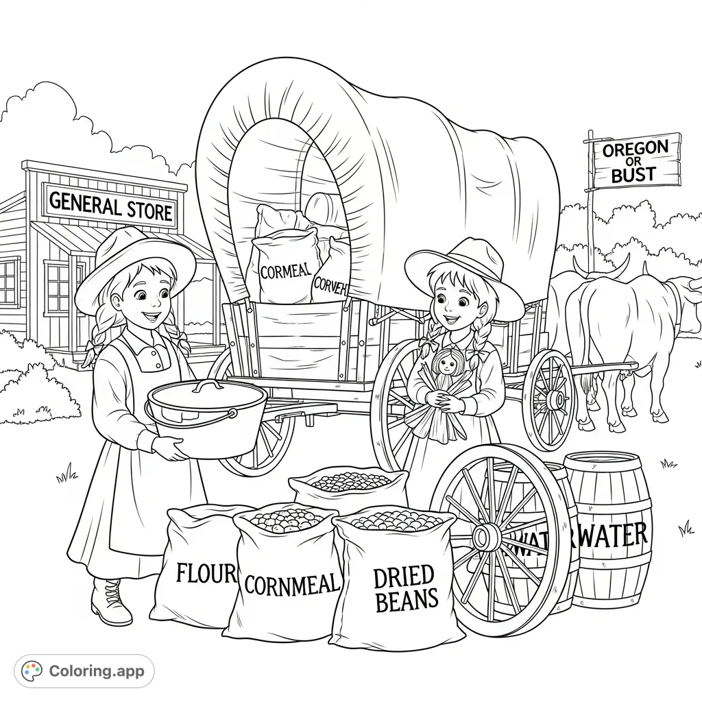 Excited pioneer children pack a covered wagon with provisions for their Oregon Trail journey, featuring a general store and oxen. A historical adventure awaits!