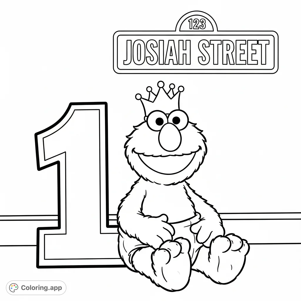 An adorable Elmo in a diaper and crown celebrates with a bold "1" and a street sign. A charming Elmo coloring page perfect for young fans.