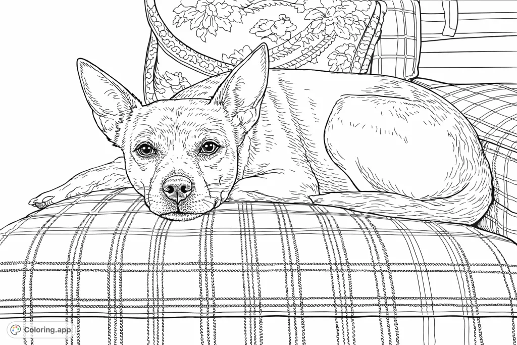 A charming dog lounges peacefully on a patterned armchair, inviting you to bring its cozy scene to life. Ideal for pet enthusiasts and relaxation.
