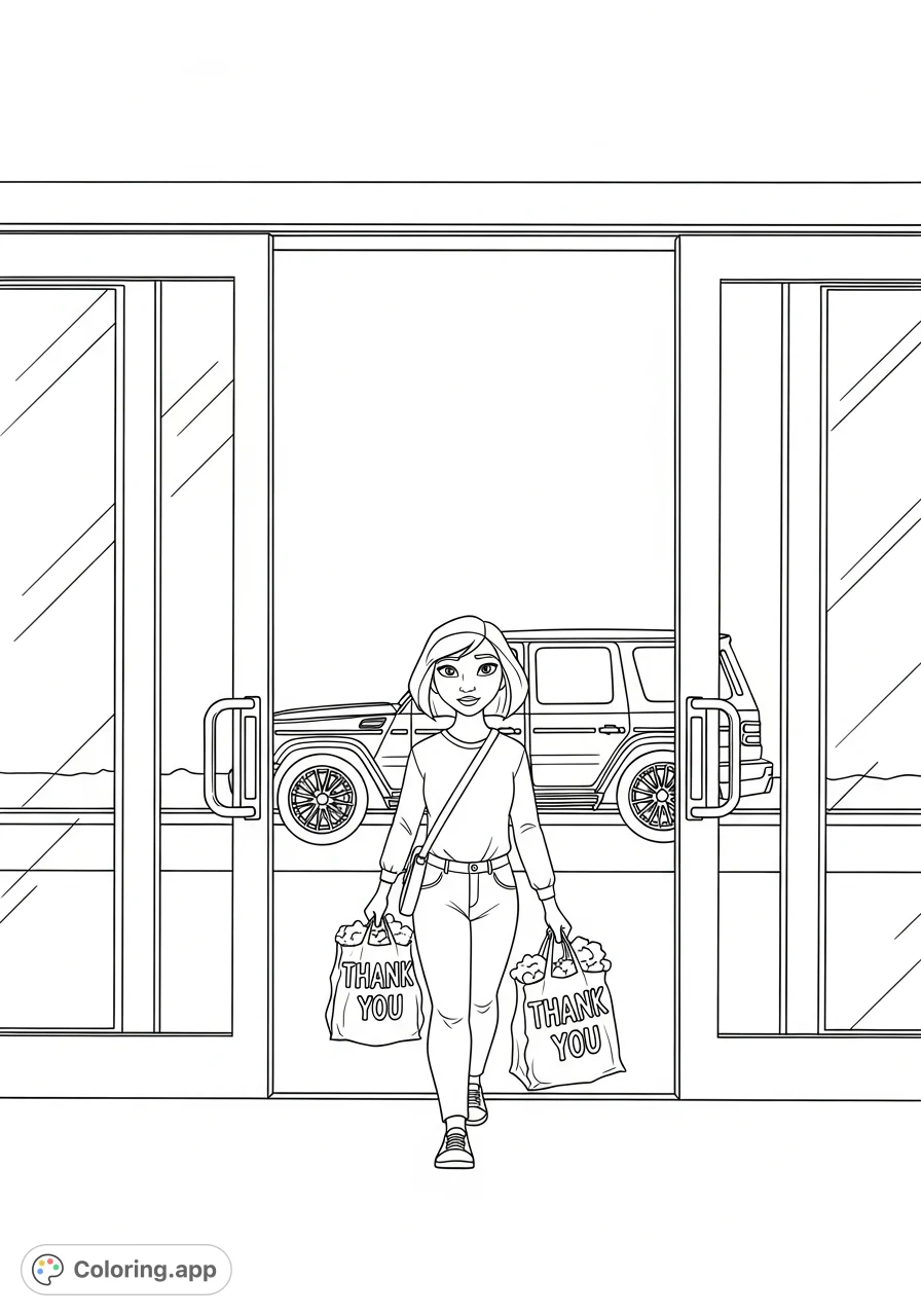 A detailed coloring page featuring Maya carrying two 'Thank You' bags toward thick-framed glass doors, with a luxury SUV silhouetted outside.
