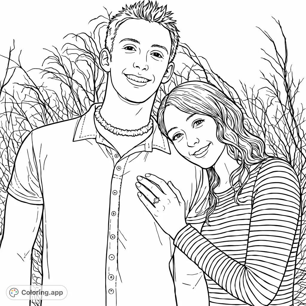 Capture a heartfelt moment with this couple's portrait. Featuring a smiling duo and delicate background grasses, perfect for personal expression.