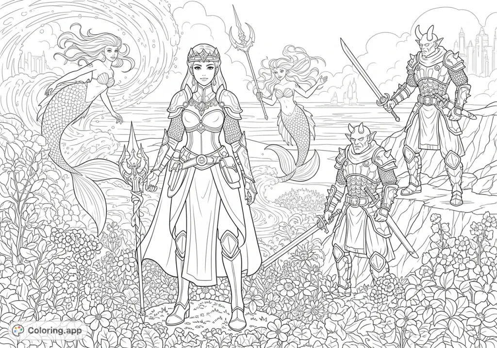 Dive into a magical world with Fallon, a princess and demon hunter, surrounded by graceful mermaids, brave demon hunters, and blossoming flowers in a unique fantasy setting.