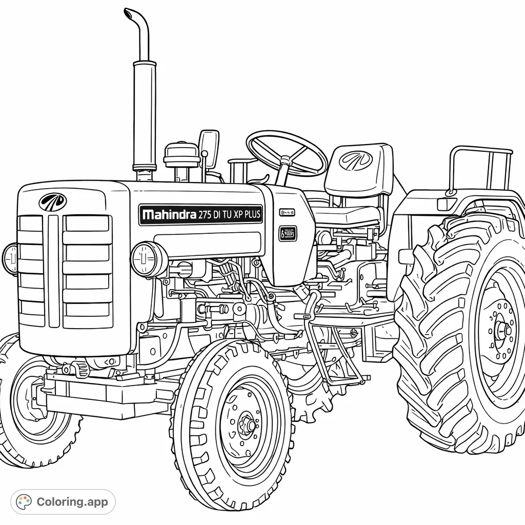 Color a detailed farm tractor, complete with rugged wheels, engine details, and driver's cockpit. Perfect for machinery enthusiasts and aspiring farmers.
