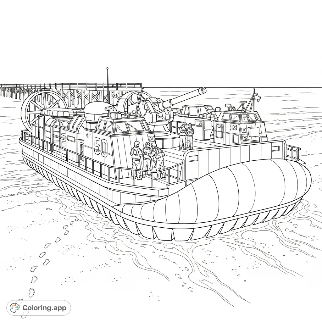 Discover a detailed military hovercraft resting on a sandy beach next to a weathered pier, complete with personnel and a large cannon. Ideal for enthusiasts!