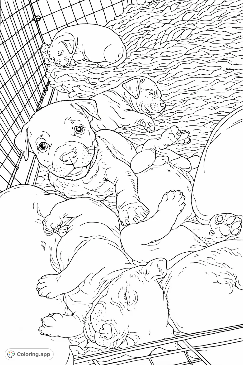 Discover an endearing puppy pile, with one curious pup looking out from a heap of sleeping siblings in a cozy crate. Perfect for animal lovers!