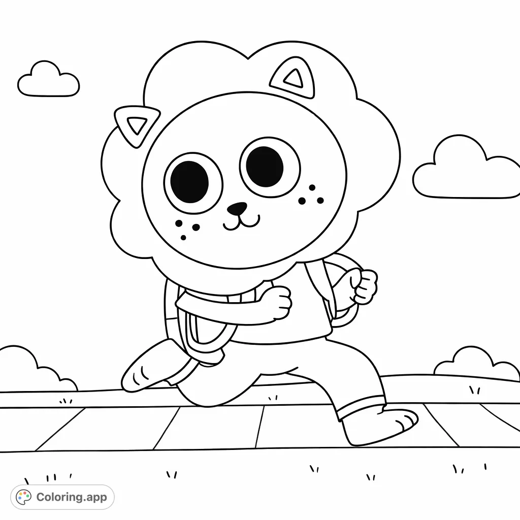 A cheerful, stylized lion character joyfully running with its backpack. Perfect for young colorists to bring to life with vibrant shades.