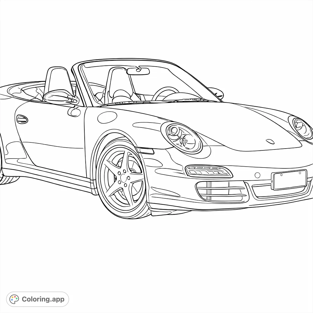 Color a dynamic convertible sports car, featuring sleek lines, detailed wheels, and a refined interior. Perfect for automotive enthusiasts.