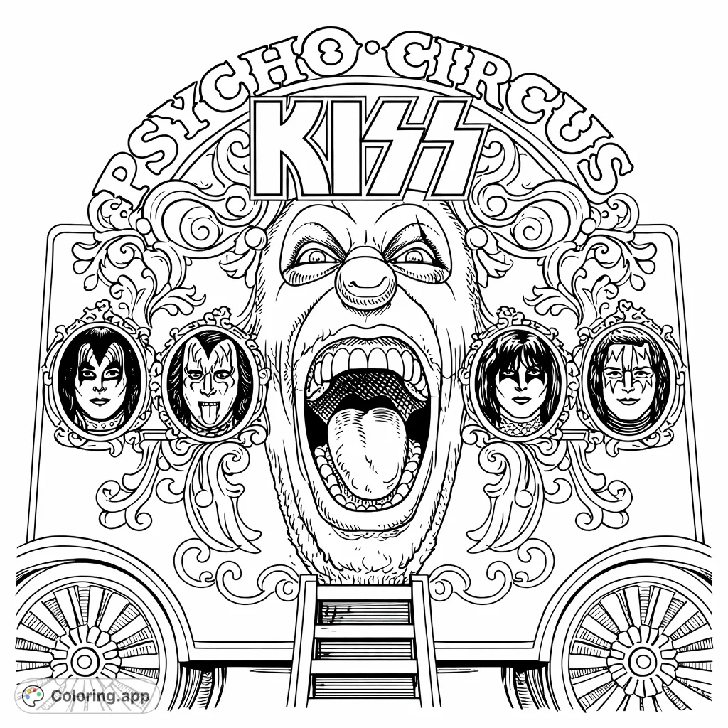 Dive into the dramatic world of rock with this detailed Psycho Circus coloring page featuring a grotesque clown, ornate wagon, and iconic band portraits.