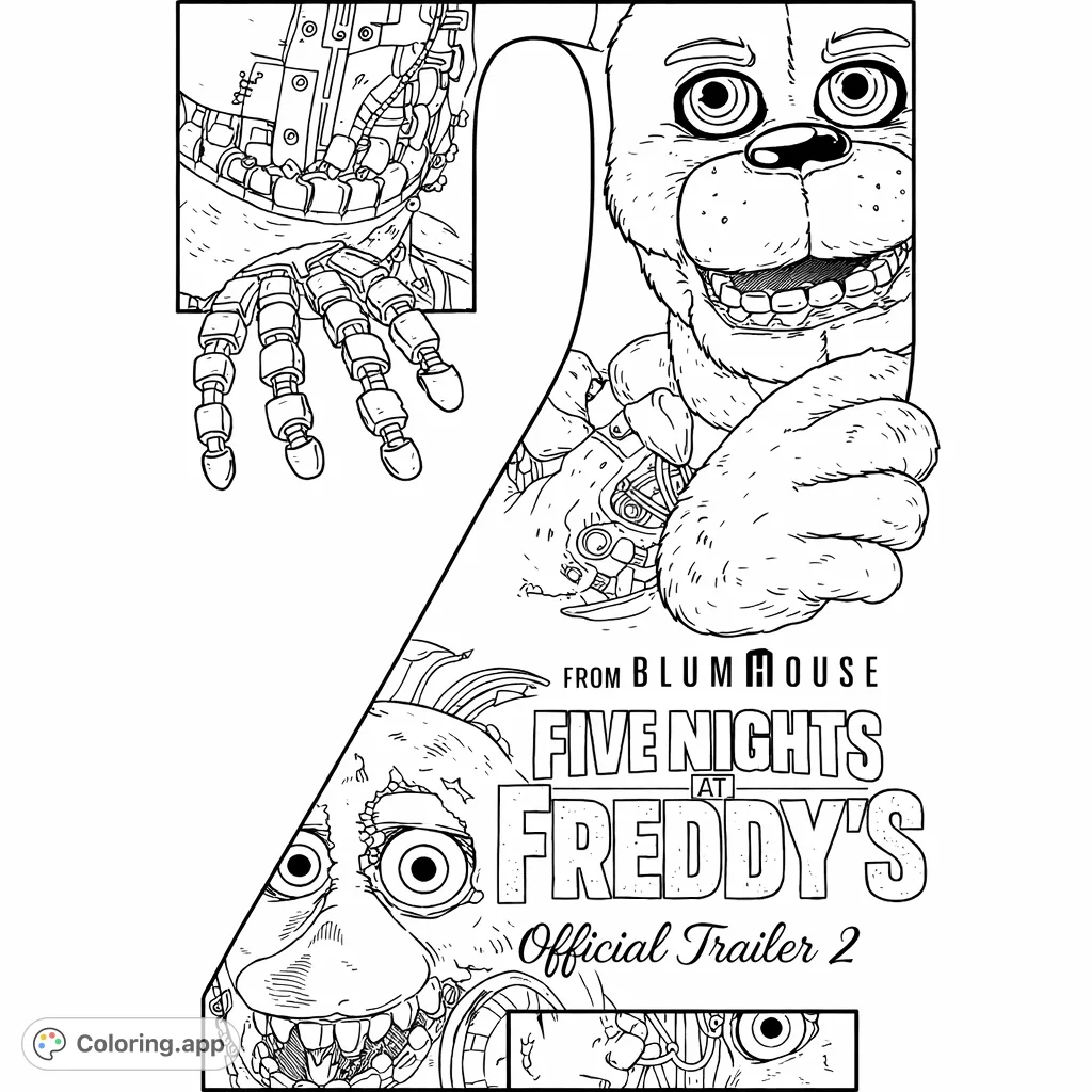 Dive into the world of Five Nights at Freddy's with this thrilling animatronic coloring page. Featuring Freddy, Chica, and more eerie mechanical details.