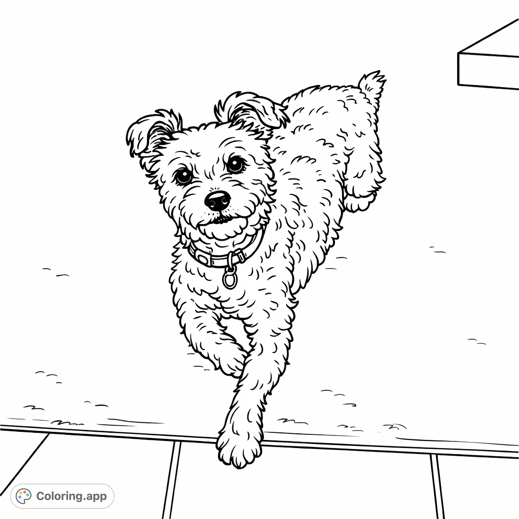Capture the charm of a sweet, fluffy dog lying down on a textured floor. This cute canine coloring page is perfect for animal lovers of all ages to enjoy.