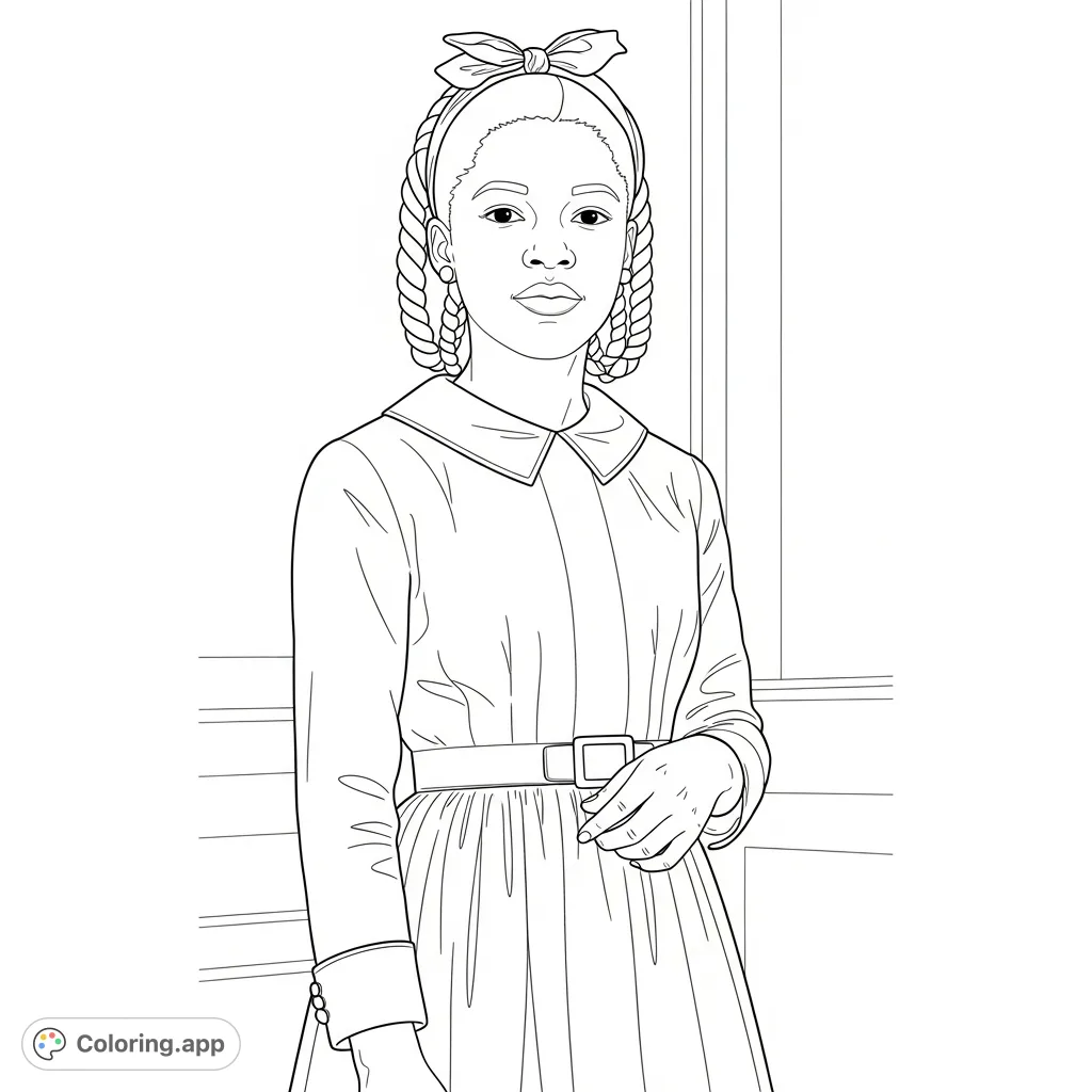 Capture the quiet strength of young Ruby Bridges in this formal portrait coloring page. Perfect for reflection and learning about history.