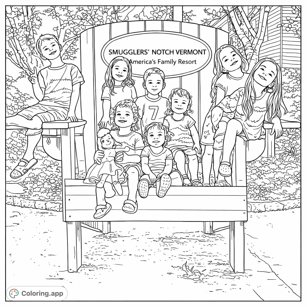 Eight happy children gather on a massive Adirondack chair at Smugglers' Notch Vermont. A joyful scene with big smiles and playful poses, ready for your creative touch.