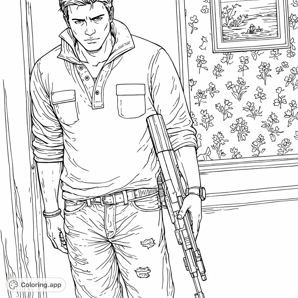 A vigilant figure stands in a doorway, holding a rifle, with a determined expression, set against a patterned interior and a framed picture.