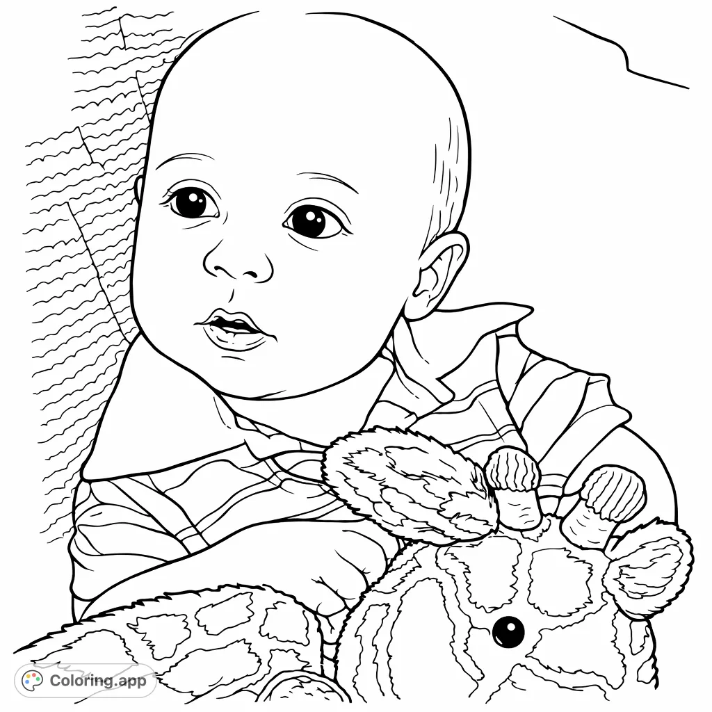 An adorable infant holds a plush giraffe toy, looking with curiosity. This charming coloring page is perfect for all ages to enjoy bringing to life.