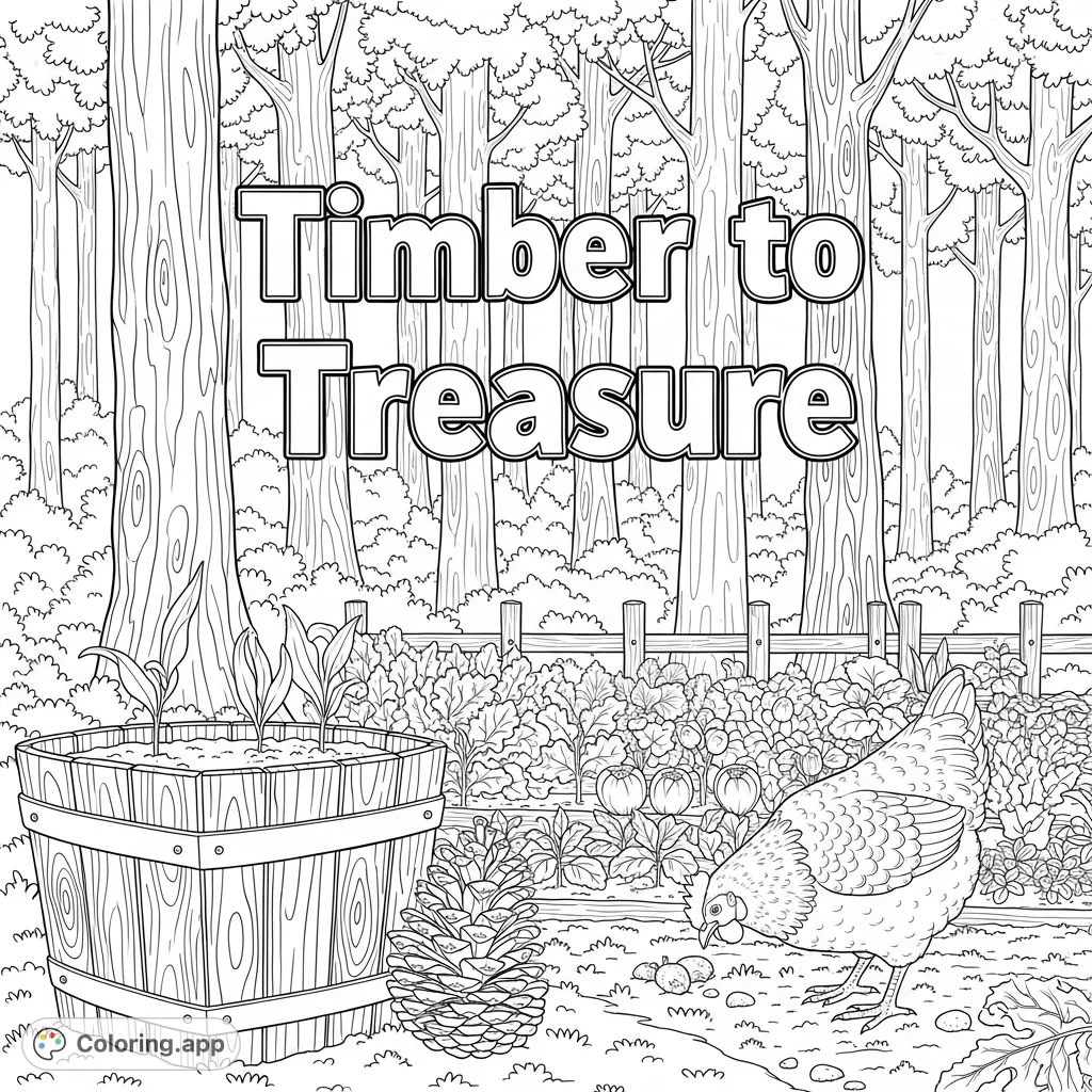 Explore a rustic garden with a chicken, pine cone, and 'Timber to Treasure' text, set against a dense forest. Perfect for nature lovers.