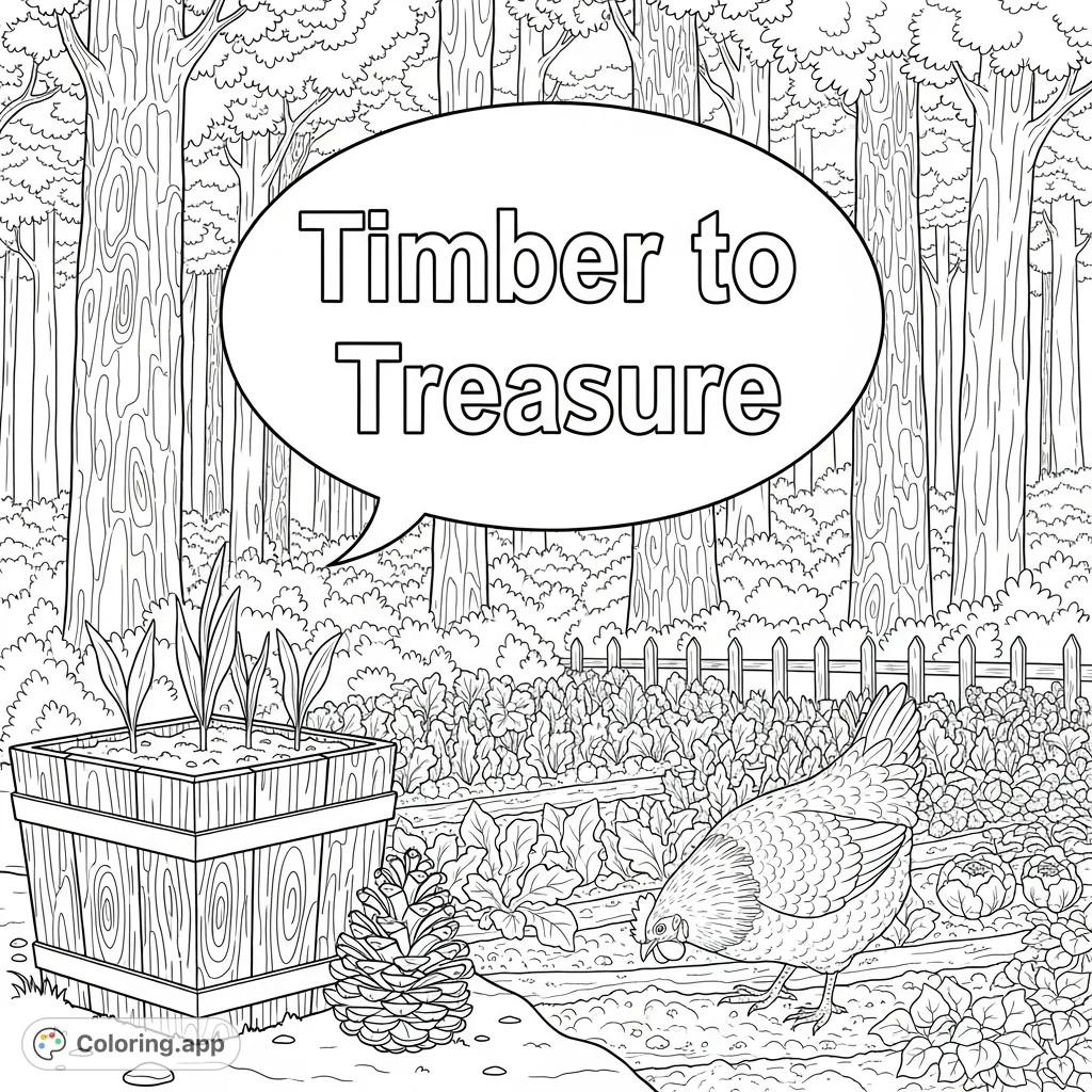 A captivating "Timber to Treasure" scene unfolds with a playful chicken, rustic garden, wooden planter, and dense forest, offering a delightful nature coloring page.