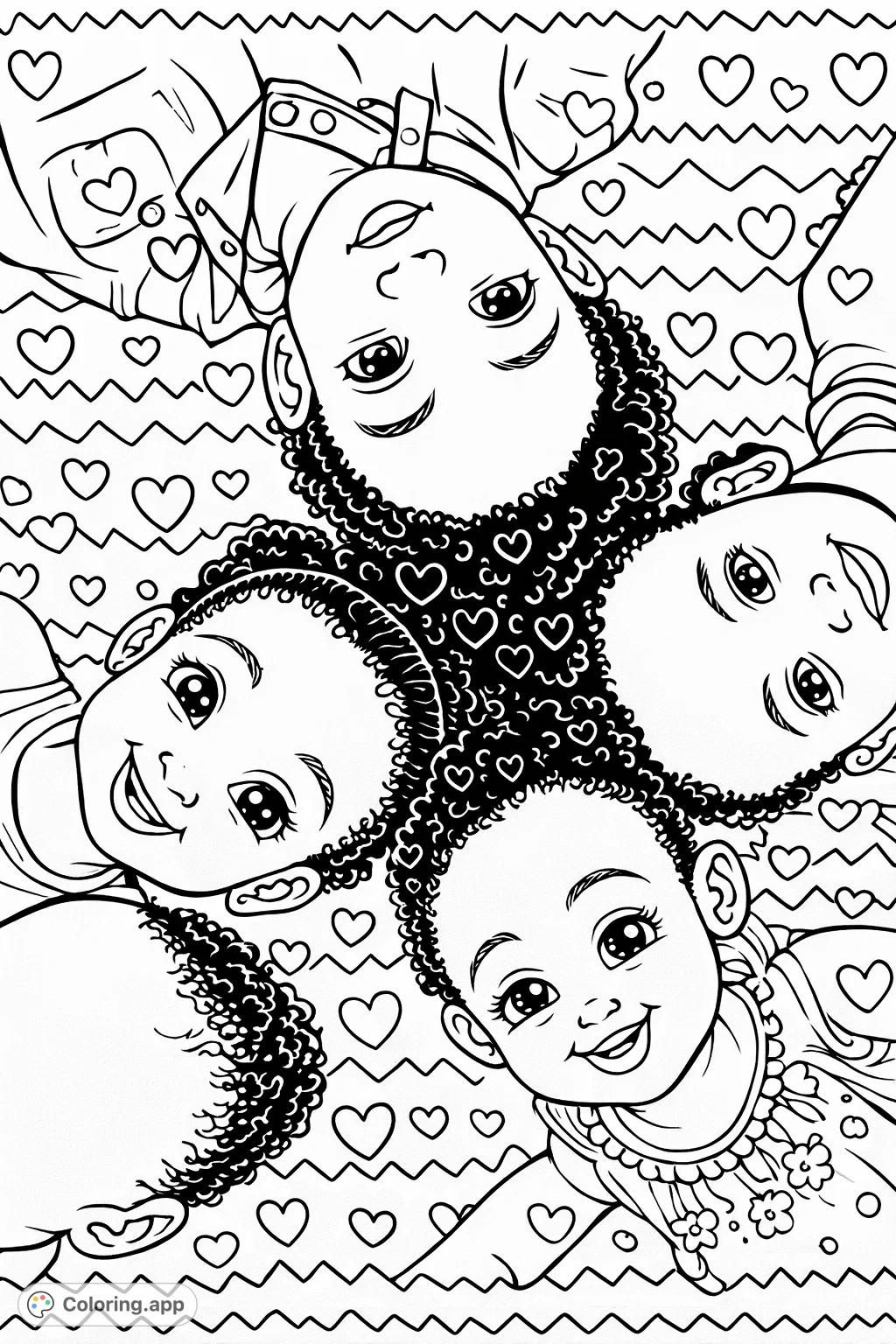 A heartwarming circle of happy children's faces, full of joy and innocence, featuring playful expressions and decorative patterns. A delightful coloring page.