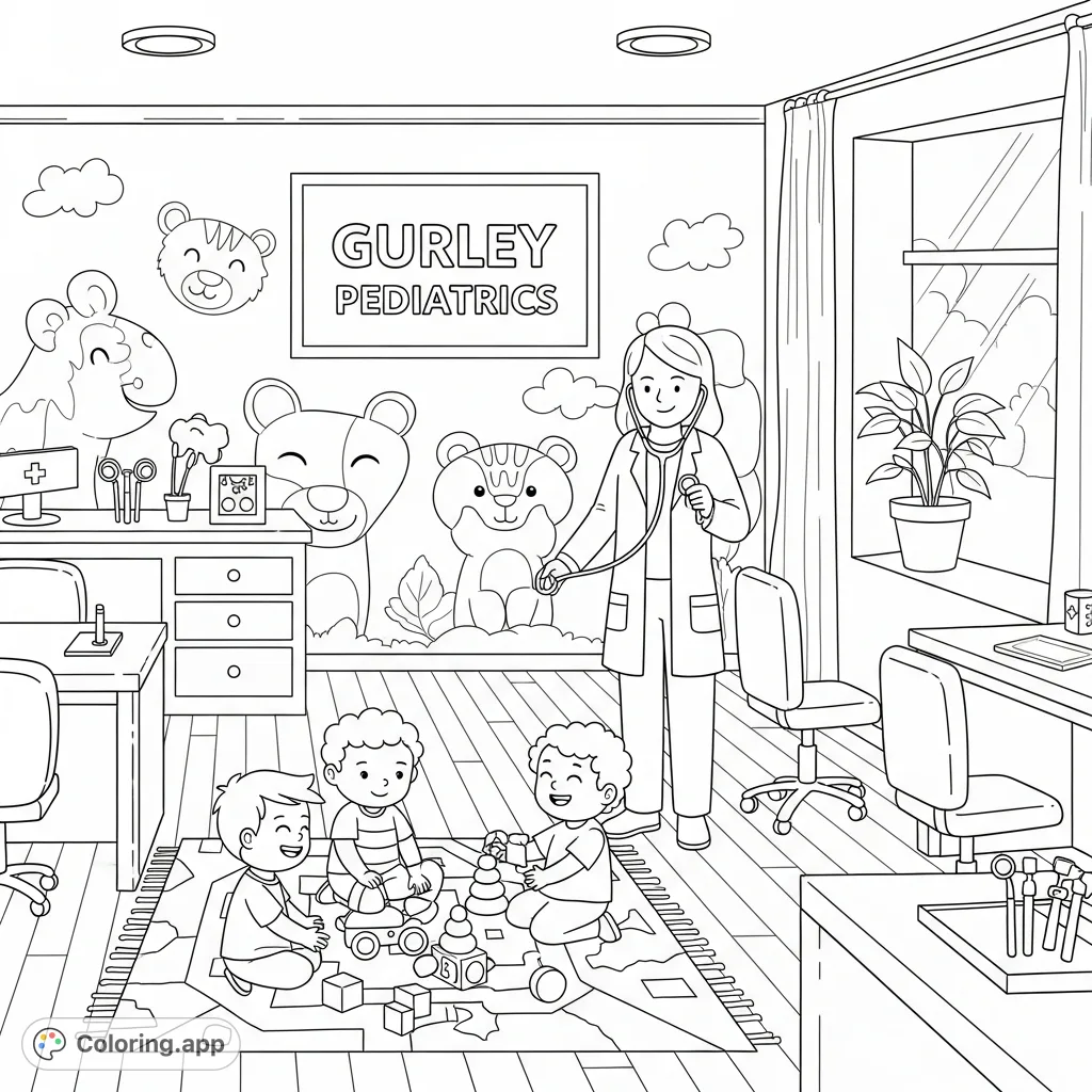 A friendly Gurley Pediatrics coloring page featuring smiling children, a gentle doctor, and playful elements in a welcoming clinic setting, perfect for young artists.