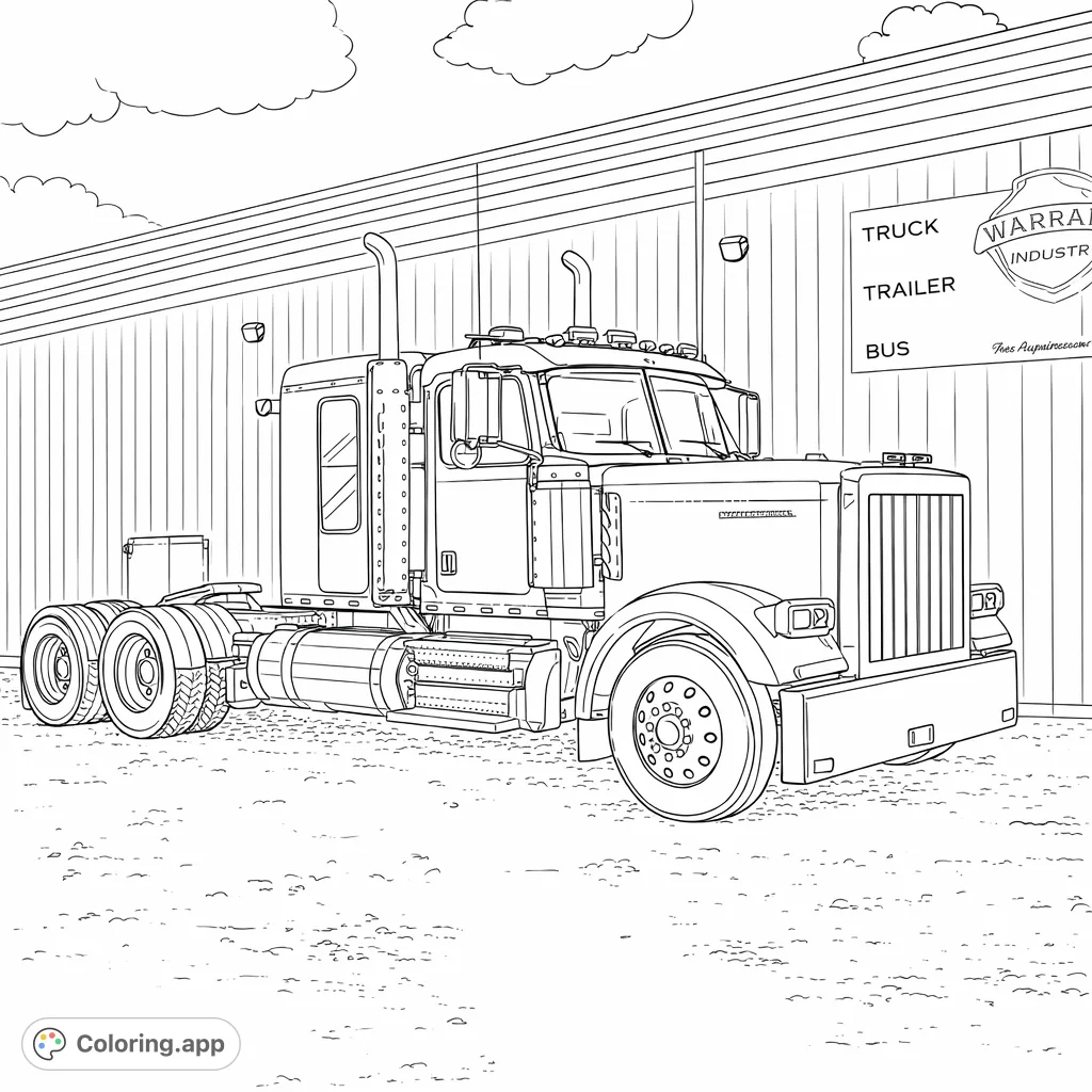 Color a powerful semi-truck, complete with its imposing grille, tall exhaust stacks, and detailed wheels, set against an industrial building backdrop.