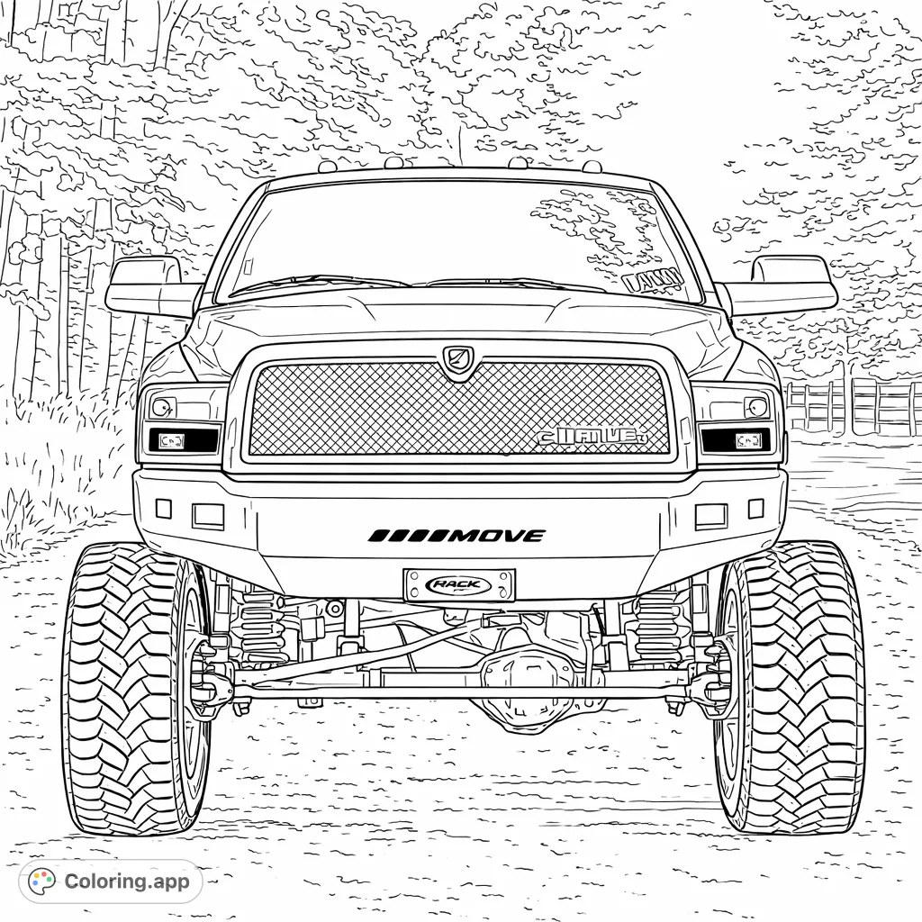 Experience the thrill of customizing a powerful lifted truck coloring page. Detailed front view with aggressive tires and intricate suspension for enthusiasts.