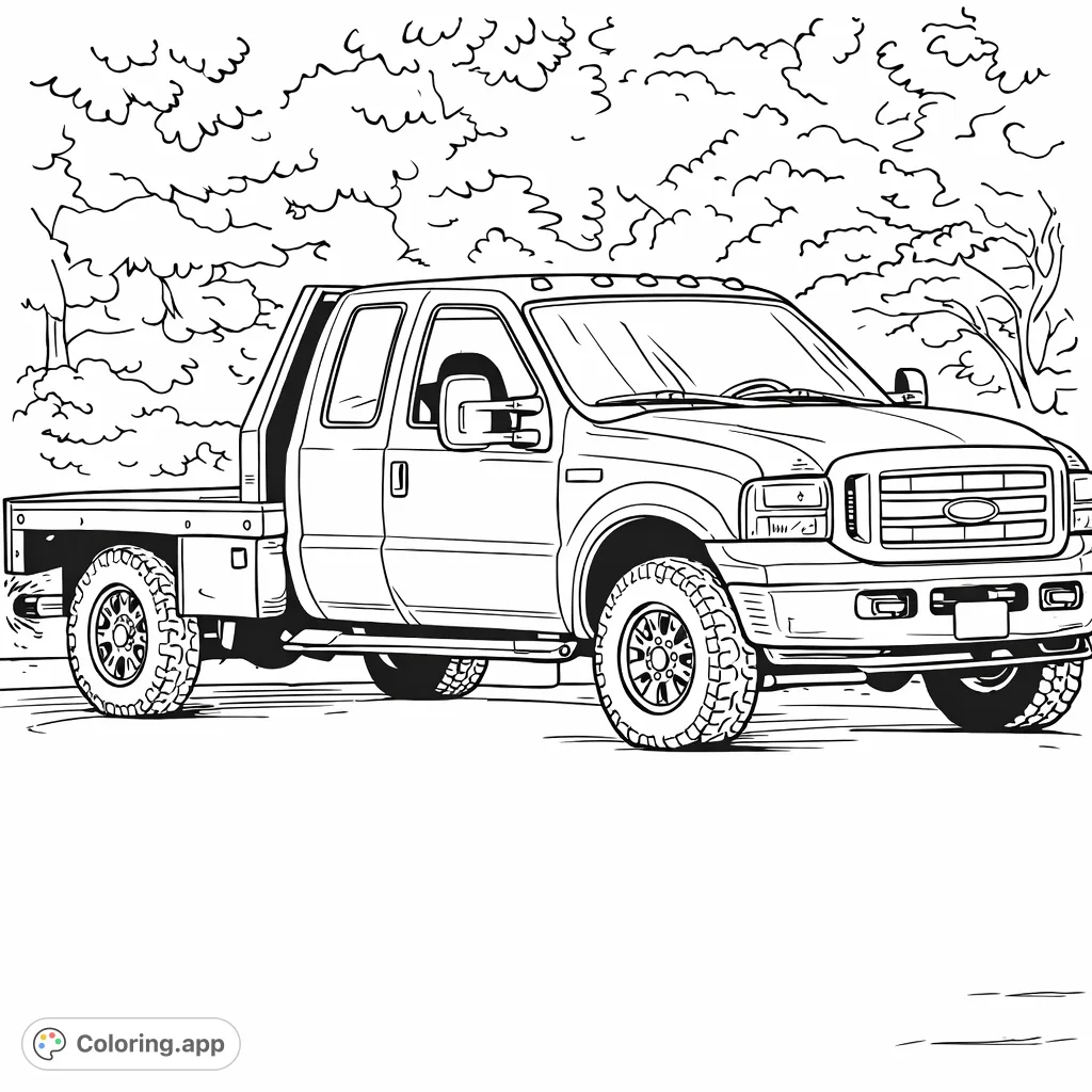 A detailed flatbed pickup truck coloring page, perfect for vehicle enthusiasts. Explore the intricate details of this powerful machine and its strong form.