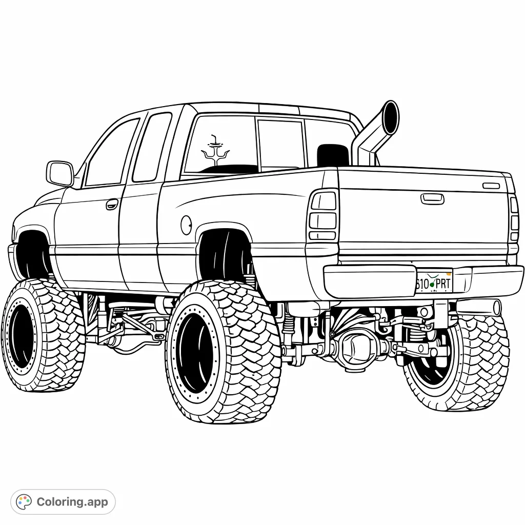 Color a mighty lifted truck featuring massive tires, detailed suspension, and a bold presence. Perfect for vehicle enthusiasts of all ages.