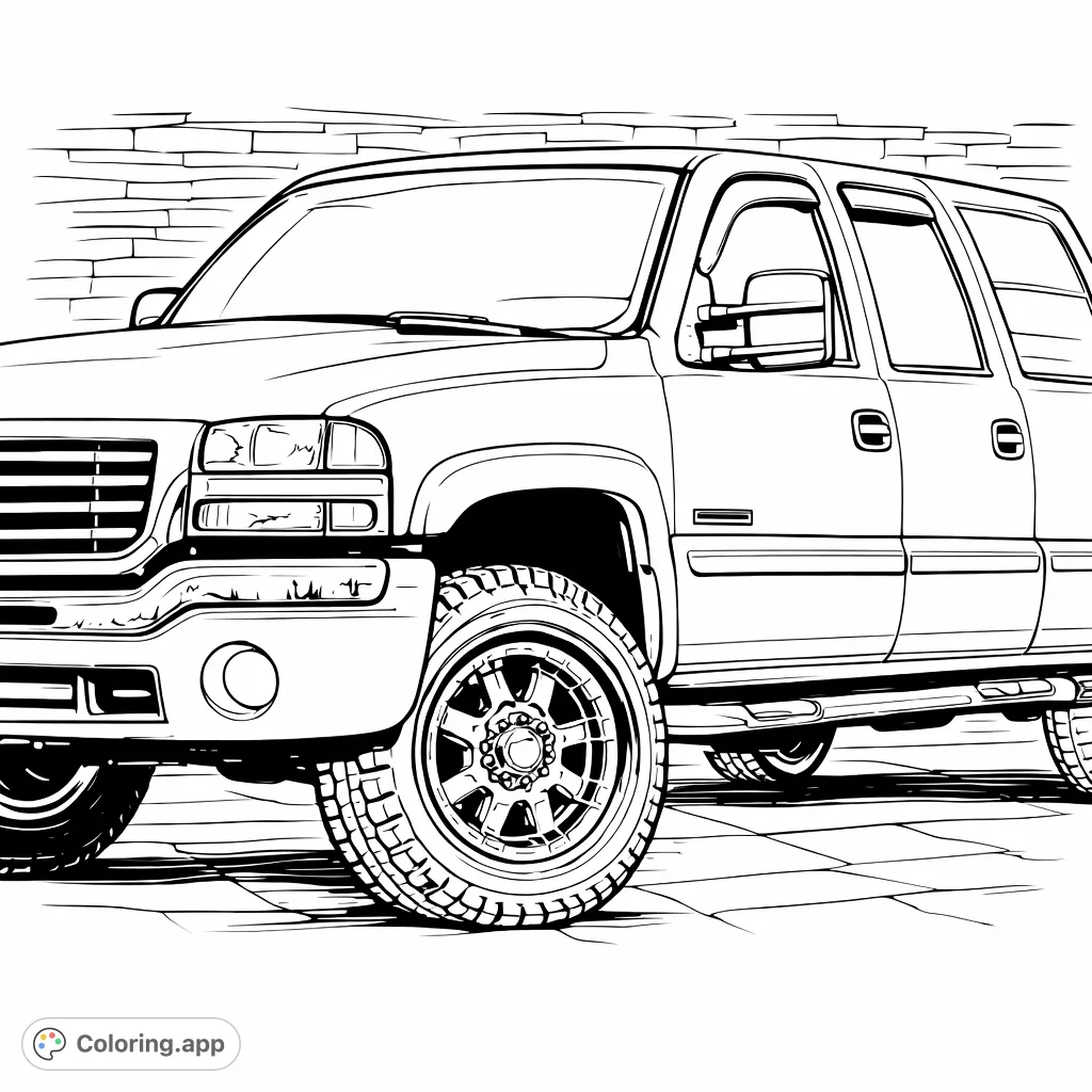 A detailed coloring page featuring a robust pickup truck with a prominent grille, intricate wheels, and textured background, perfect for vehicle enthusiasts.