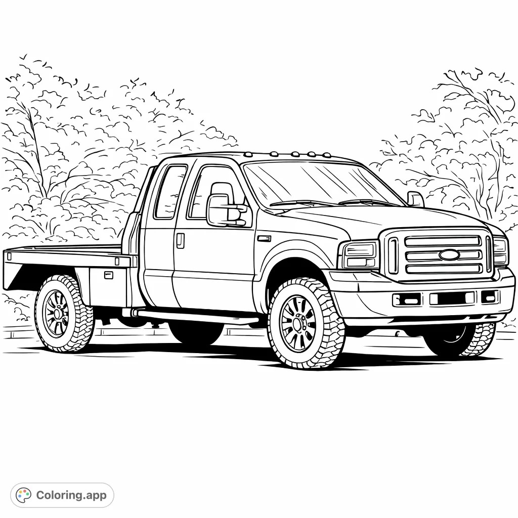Color a detailed flatbed truck, perfect for vehicle enthusiasts! Features a robust cab, rugged wheels, and a strong flatbed for creative expression.