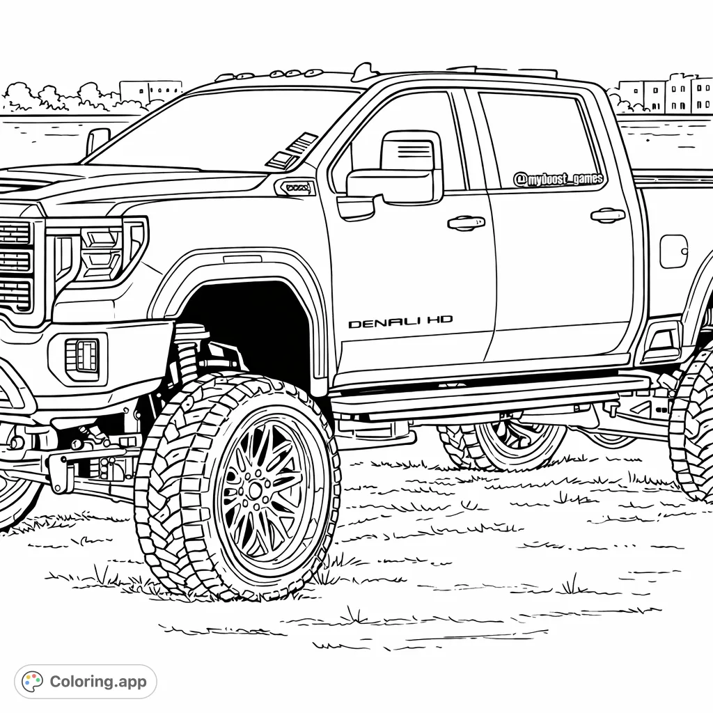Color this powerful lifted pickup truck with intricate custom rims and robust off-road tires, set against a waterfront backdrop. Perfect for truck enthusiasts!