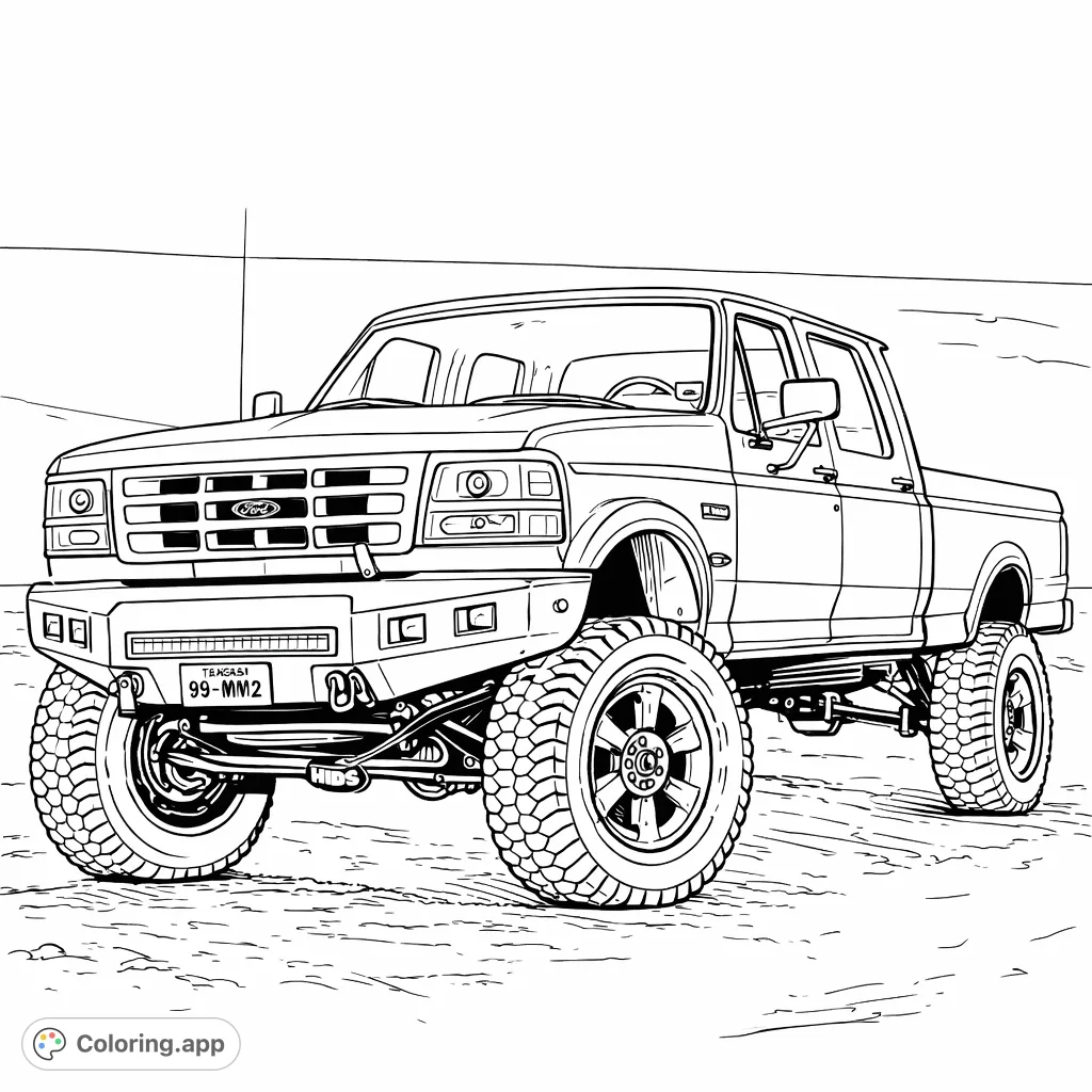 Unleash your creativity on a powerful lifted pickup truck, ready for off-road adventure. Detailed design perfect for vehicle enthusiasts.