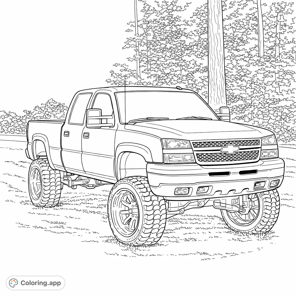 Color this mighty lifted pickup truck with its massive tires and rugged design, set against a natural outdoor backdrop. Perfect for vehicle enthusiasts!