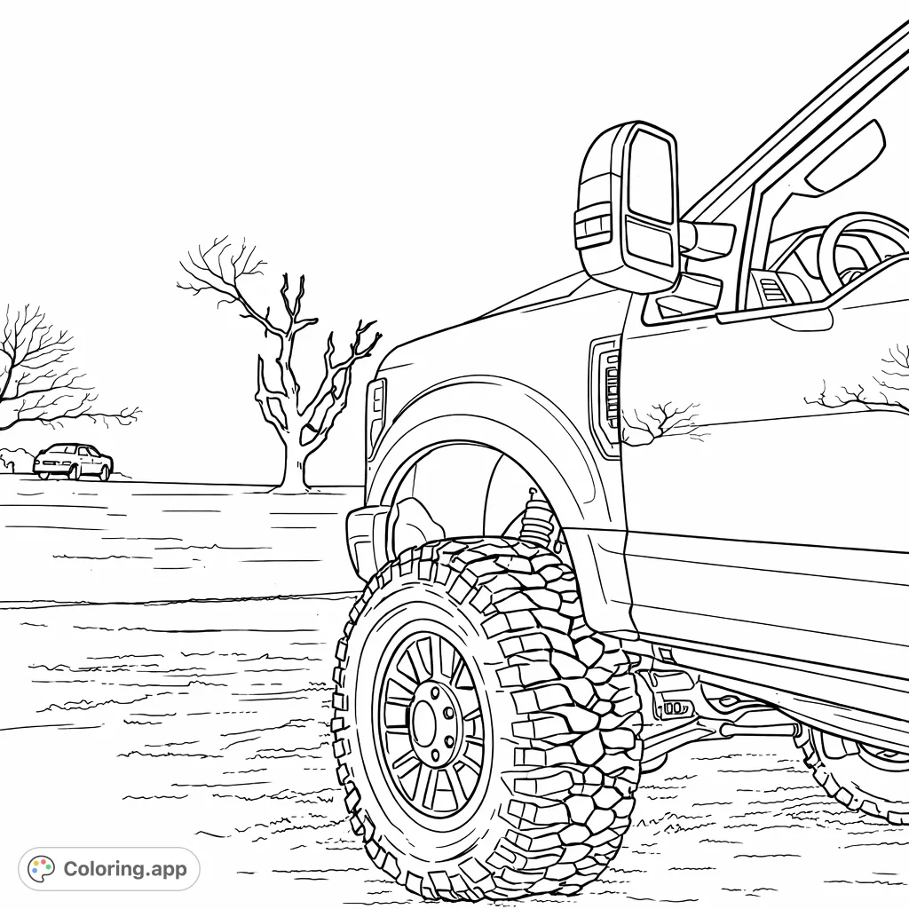 Color a powerful, lifted truck with massive tires, set against a stunning landscape of bare trees and an expansive sky. Perfect for truck enthusiasts!