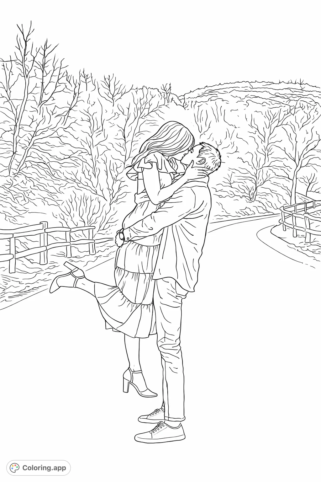 Capture a moment of tender affection with this romantic coloring page featuring a couple kissing on a scenic road, perfect for expressing love and creativity.