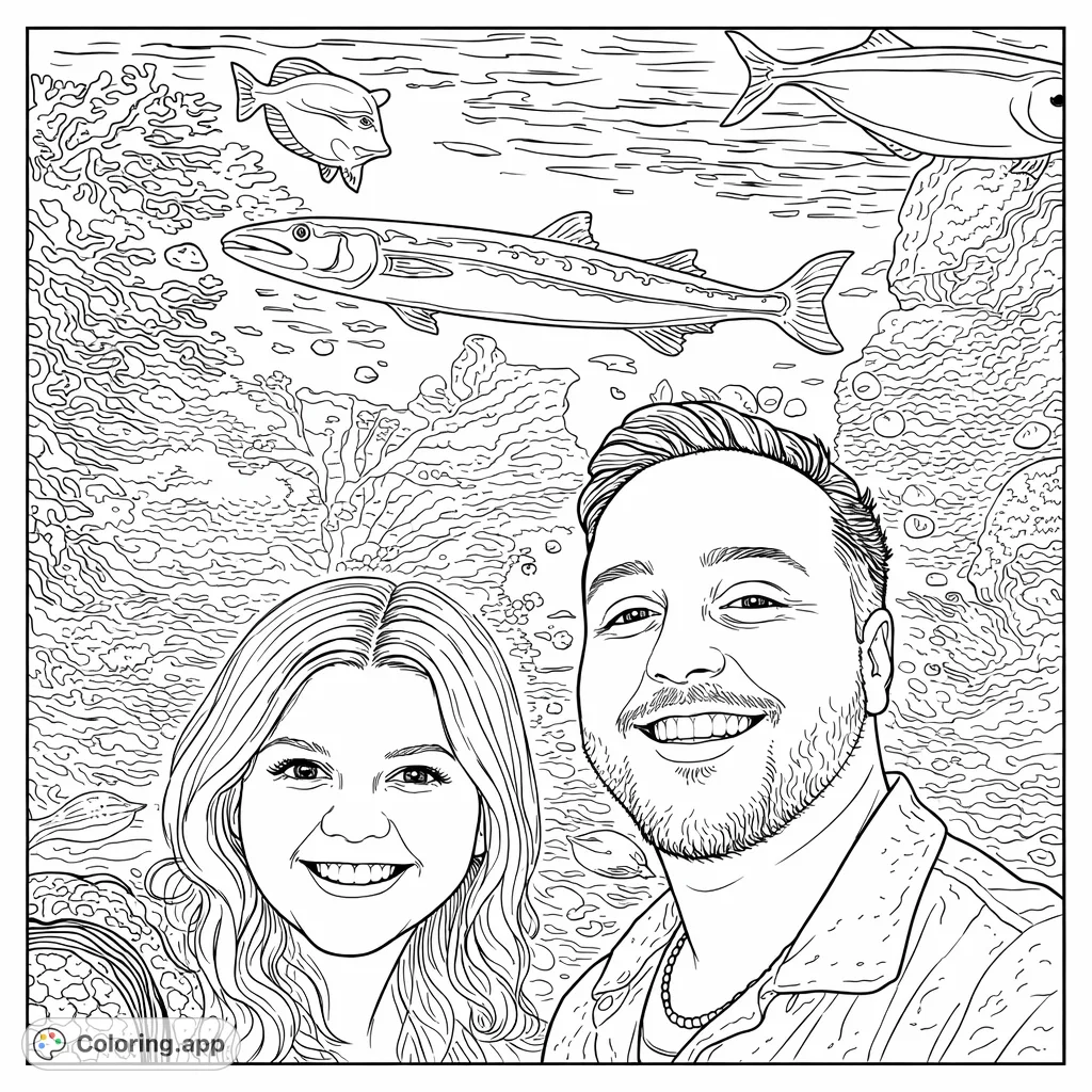 Color a cheerful couple's selfie at a vibrant aquarium, featuring diverse fish and intricate coral. A fun and engaging marine life coloring page for all ages.