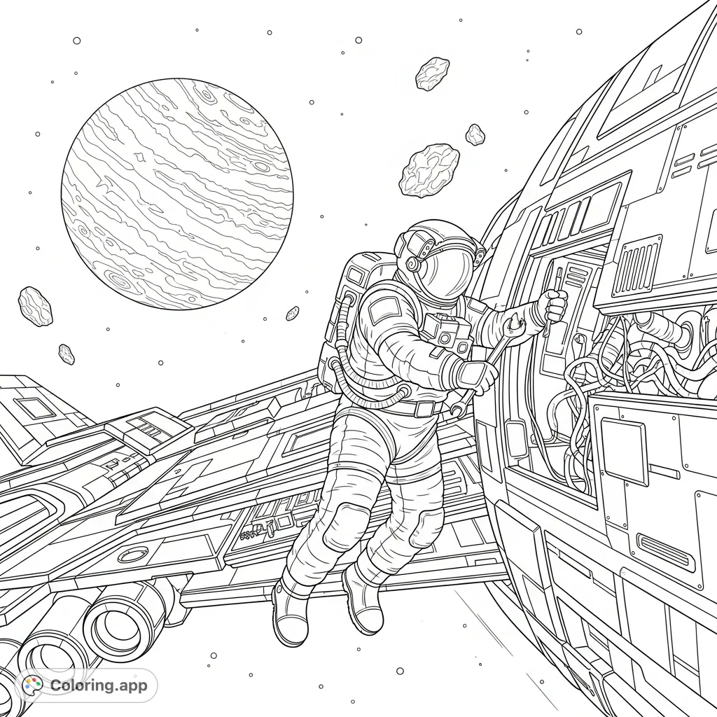 An astronaut diligently repairs a spaceship in orbit, with a distant planet forming a breathtaking backdrop. A detailed space scene perfect for creative coloring.