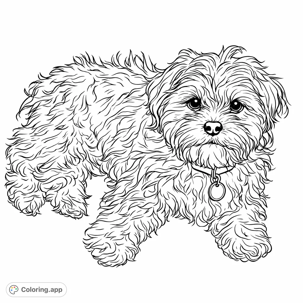 Discover this charming shaggy puppy in a relaxed pose, perfect for a heartwarming coloring experience. Delight in its fluffy fur and gentle expression.