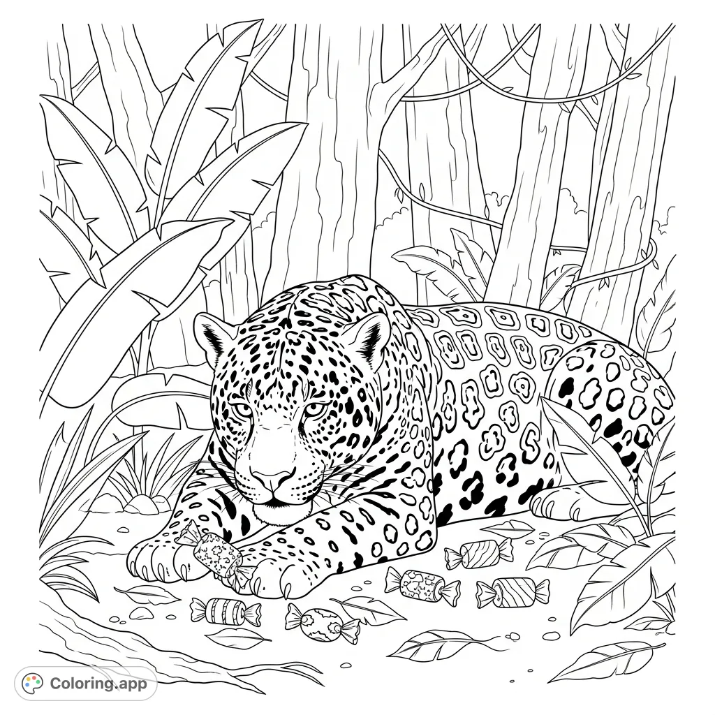 A majestic jaguar enjoys a delightful assortment of candies amidst a lush forest backdrop. A detailed scene perfect for animal lovers and coloring enthusiasts.